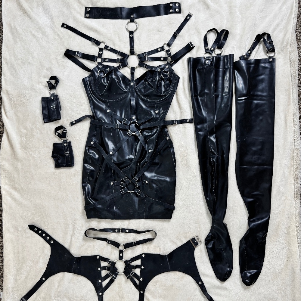 Black Strappy Latex Mini Dress Set
